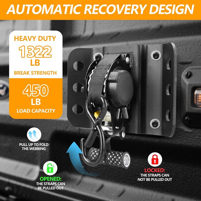 Hifybaty 2PCS Retractable Tie Down Straps for 2015-2025 Ford F150, Retractable Ratchet Straps 10 Ft Self Retracting Tie Down with Boxlink Plates Mounted Brackets Bed Mount Heavy Duty Bolt on - Image 3